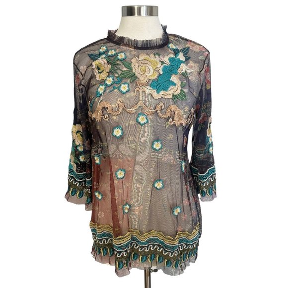 Johnny Was MEDIUM Renley Floral Embroidered Sheer Ruffle 3/4 Length Sleeve Top - Picture 2 of 12